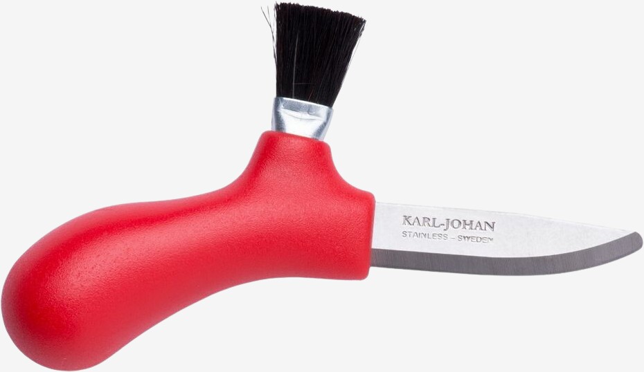 Rød Morakniv svampekniv med kort blad og sort børste på skaftet